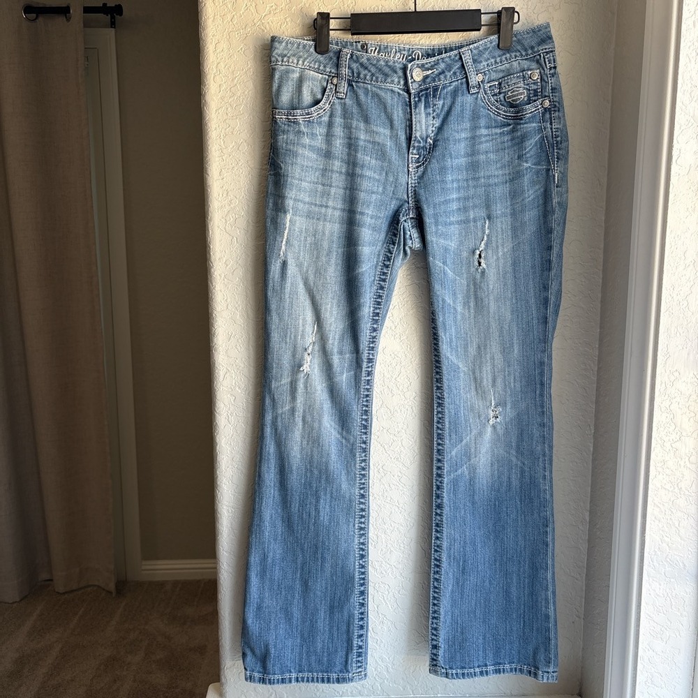 Harley Davidson Bootcut Womens 10 Jeans Y2K Blue Distressed Embellished Biker - Picture 2 of 11